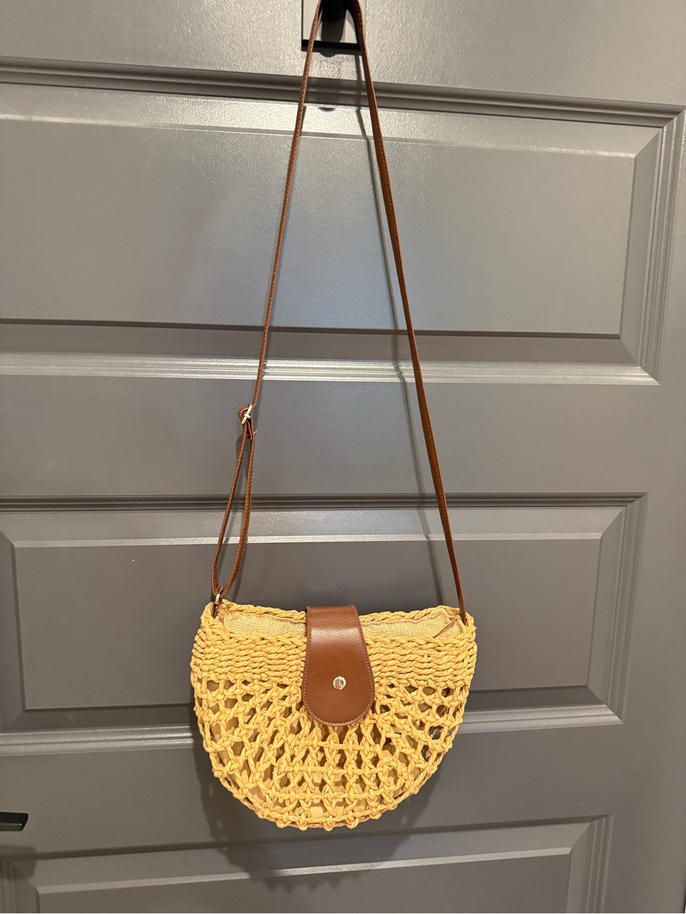 Woven Straw Crossbody Bag with Brown Leather Strap - Yellow